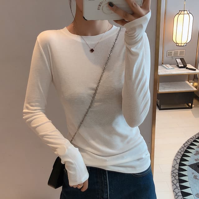 실제 촬영 2023 가을 의상 새로운 긴 소매 티셔츠 여자 슬림 피트 슬림 바지를 입는 셔츠 단색 긴 소매 바지를 입는 셔츠 맨위