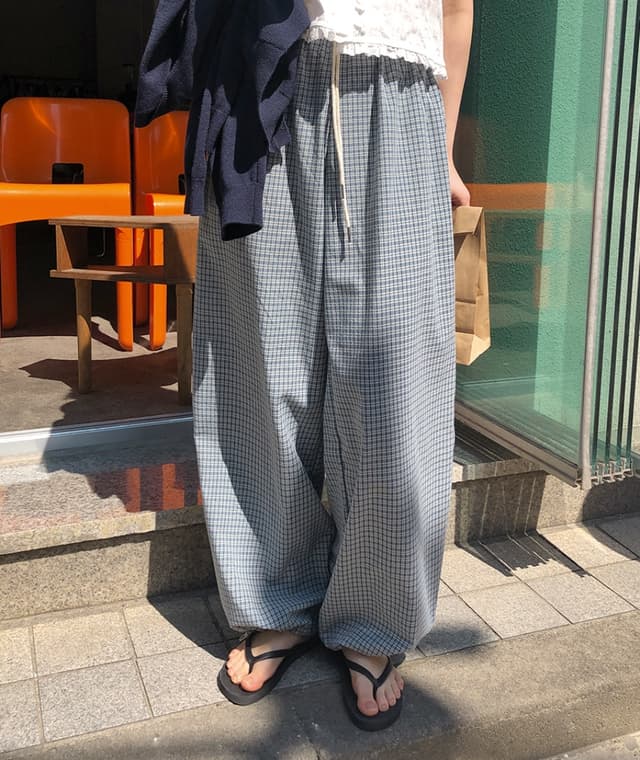 여름 한국 ins 일본어 목화 패브릭 블루 작은 격자 캐주얼 바지 펌프 로프 격자 무늬 느슨한 스트레이트 바지 바지