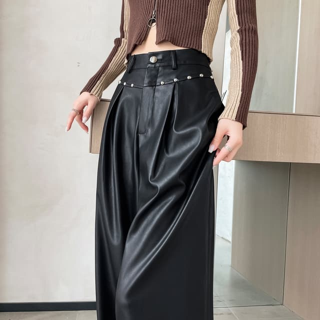 실제 촬영 브라운 와이드 레깅스 바지 가죽 바지 여자 가을 2024 새로운 Pu 스킨 스트레이트 여가 도핑 바지