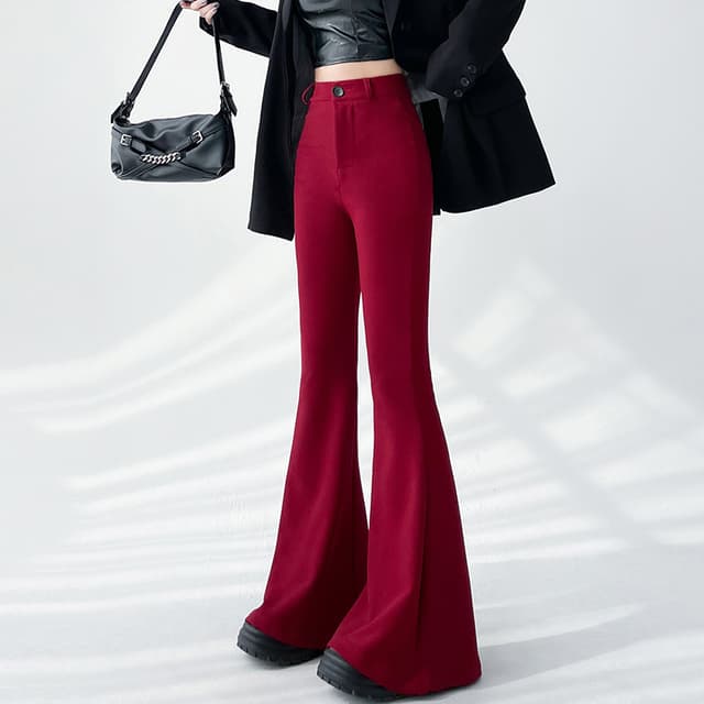 실제 촬영 앤 캐럿 빨간색 플러스 벨벳 짙어 짐 코듀로이 마이크로 플레어 바지 한국어 버전 높은 허리 슬림 캐주얼 바지 바지 여자
