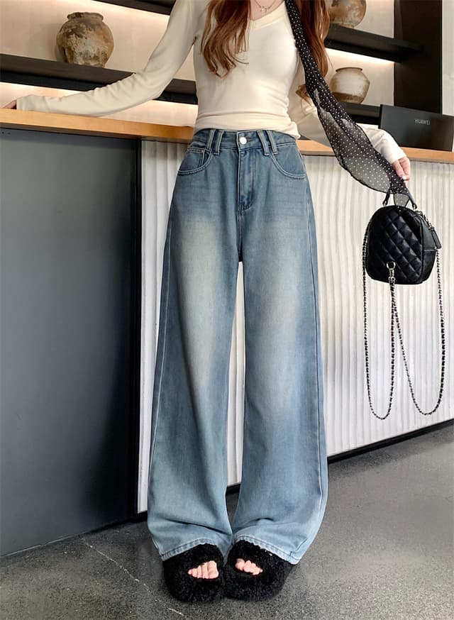 실사 정가 새로운 레트로 하이웨이스트 루즈핏 다용도 워싱 스트레이트 데님 넓은 다리 길이 바지 여성