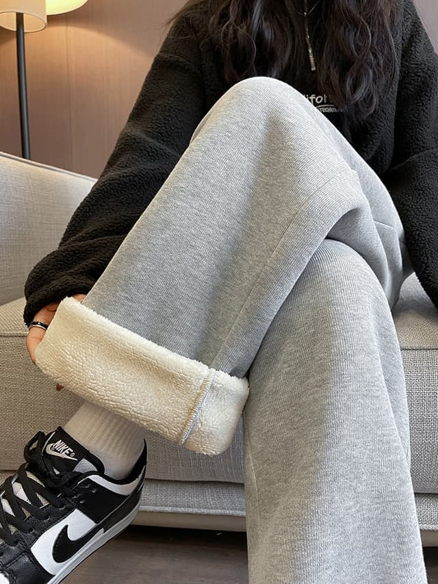 실제 촬영 양고기 캐시미어 스포츠 바지 여자 가을과 겨울 플러스 벨벳 짙어 짐 느슨한 미국인 넓은 다리 코튼 바지 빔 발 여가 웨이 바지