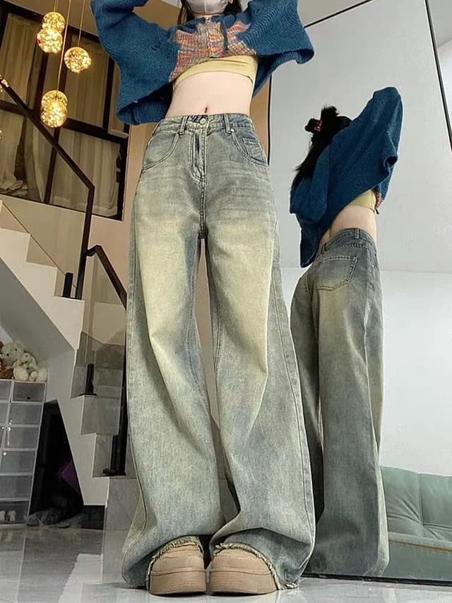 가을 새로운 한 부서 레트로 노스탤지어 스트레이트 거친 가장자리 털이 있는 일반 청바지 여성 하이웨이스트 넓은 다리 바닥 청소 바지