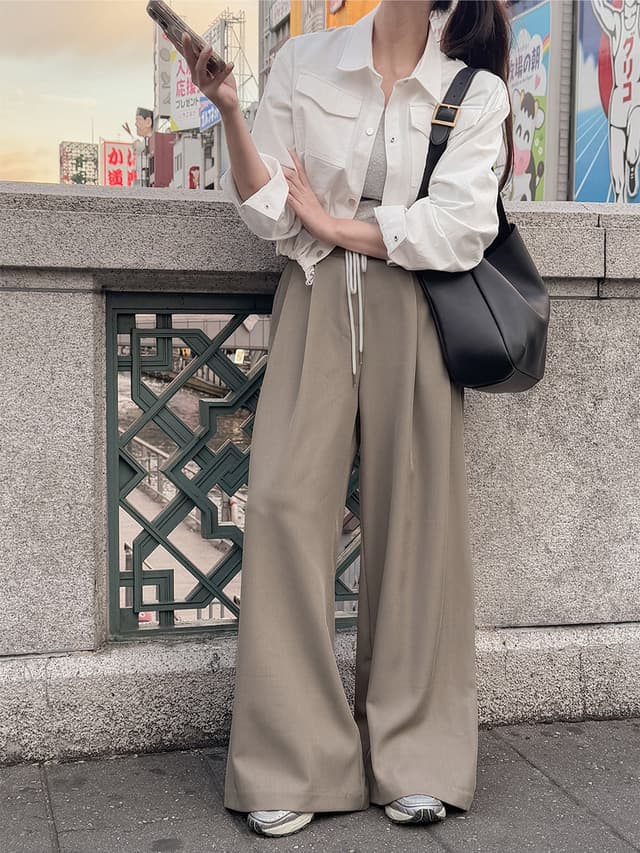 ins 한국 스타일 봄 패션 미니멀리즘 작은 대중 레이스업 슬림해 보이는 다용도 와이드 레그 팬츠 정장 바지 캐주얼 바지