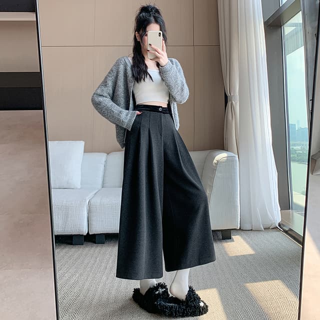 단색 모직 와이드 레깅스 바지 2025 새로운 가을 겨울철 루즈핏 폭발 치마바지 두꺼운 모직 캐주얼 9부 바지