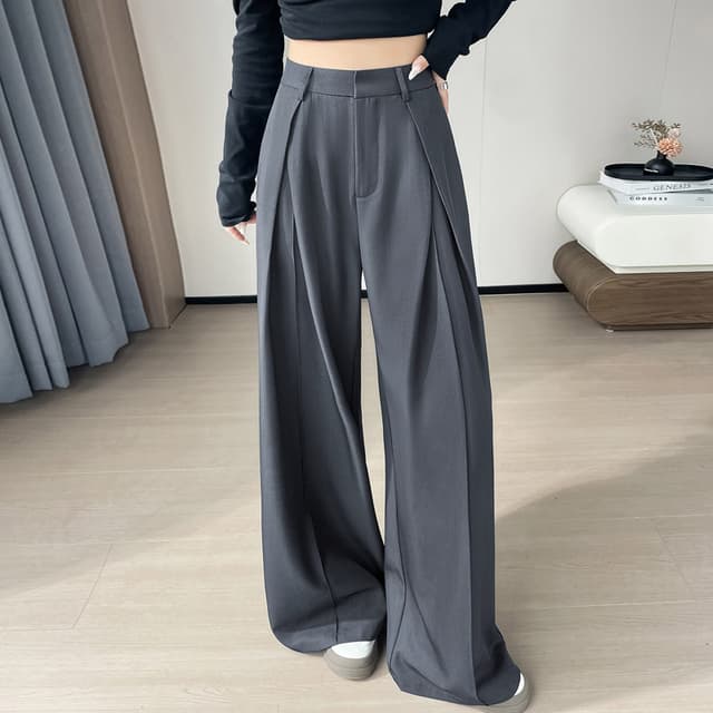 2026 봄 고급 회색 정장 바지 하이웨이스트 플리츠 슬림해 보이는 루즈핏 넓은 바닥 청소 다리 바지 스트레이트 캐주얼 긴 바지 아이들