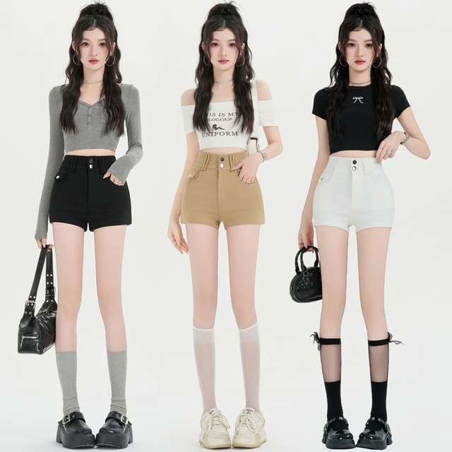 실사 봄 여름 새로운 아메리칸 더블 버클 신축성 타이트 스커트 핫 바지 반바지 여성 품격 하이웨이스트 몸매 가꾸기 슬림해 보이는 스트레이트 팬츠