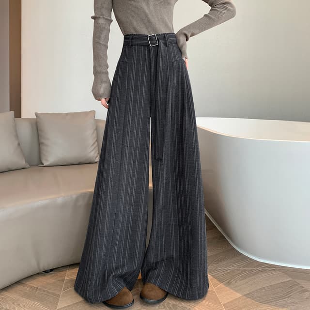 실사 스트라이프 넓은 다리 정장 바지 여성 2026 봄 하이웨이스트 슬림해 보이는 다용도 도루 센스 바닥 청소 스트레이트 캐주얼 바지