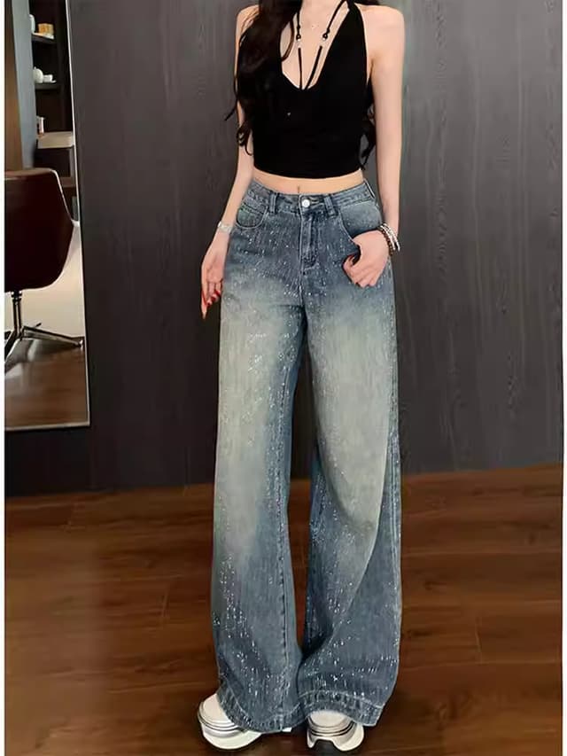 fyq-- 꽉 찬 하루 은하계 핫픽스 청바지 여성 2025 가을 하이웨이스트 루즈핏 바닥 청소 바지