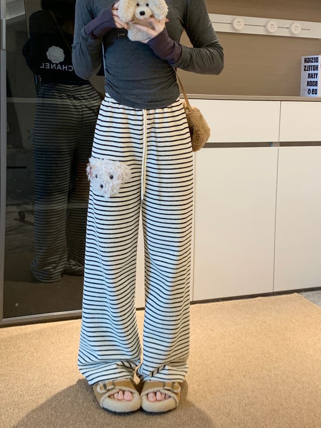 실사 털이 있는 개 스트라이프 바지 아기 플러시 캐주얼 바지 여성 가을 겨울 바지 느긋한 굴곡 바지 스트레이트 팬츠