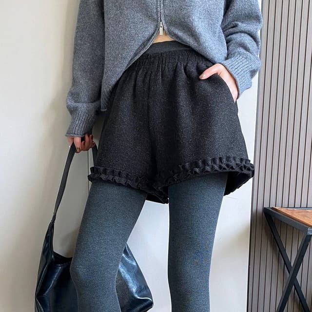 실사 회색 프릴 모직 반바지 여성 2025 가을 겨울 새로운 하이웨이스트 슬림해 보이는 넓은 다리 캐주얼 바지 부츠 바지