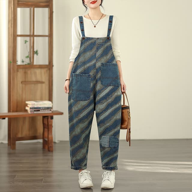 실사 빅 사이즈 데님 멜빵 바지 사계절 새로운 프린트 패션 캐주얼 다용도 개성 멜빵 바지
