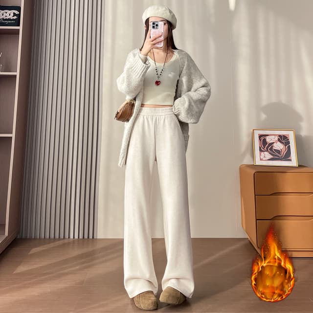 느긋한 바람 양모 찹쌀 바지 여성 2025 가을 겨울 털이 있는 스트레이트 부츠컷 바지 느슨함 도루 센스 작은 키 캐주얼 바지