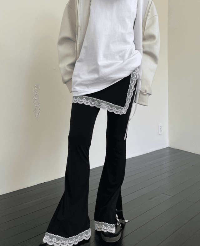 이른 봄 새로운 소녀 일본식 레이스 레이스 레이스업 패치워크 트임 부츠컷 바지 캐주얼 긴 바지 페이크 레이어드