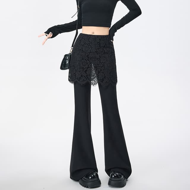 실사 레이스 페이크 레이어드 방귀 커튼 부츠컷 바지 여성 2026 봄 하이웨이스트 슬림해 보이는 캐주얼 바지 도루 센스 바닥 청소 바지
