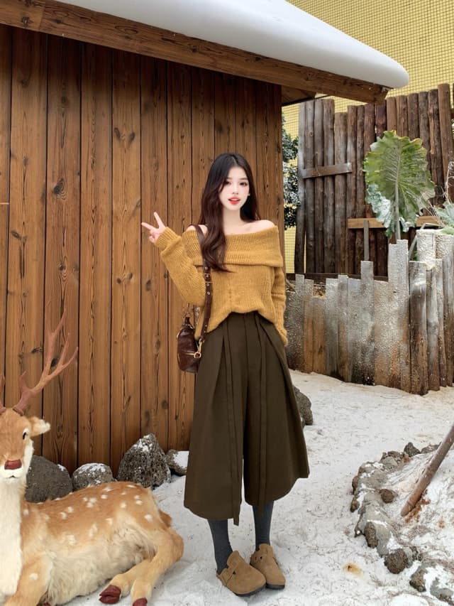 실사 커피 색상 넓은 다리 7부 바지 고급 센스 품격 연령 감소 캐주얼 바지 지방 mm 2025 새로운 루즈핏 모직 바지