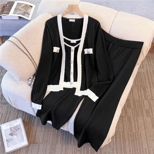 실사 2026 봄 드레스 새로운 빅 사이즈 여성 의류 지방 mm 작은 샤넬 스타일 니트 슬립 오픈 가디건 넓은 다리 길이 바지 3종 세트