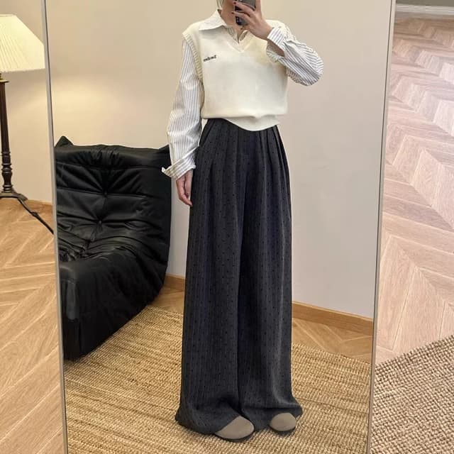 회색 하트 이후 허리밴드 와이드 레그 팬츠 빅 사이즈 여성 지방 mm 슬림해 보이는 가을 정장 바지