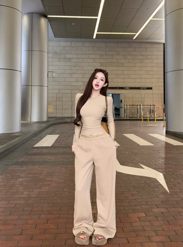 실사 정가 한 부서 세련된 세트 몸매 가꾸기 라운드 넥 높음 폭탄 만나는 맨위 레이스 조각 캐주얼 긴 바지