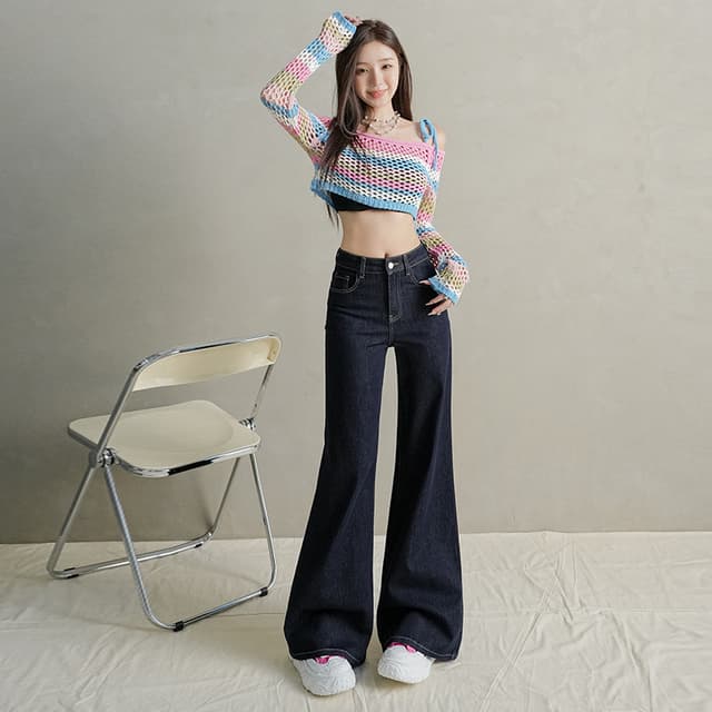 단 닝 블루 스트레이트 부츠컷 청바지 여성 가을 2025 새로운 진한 파란색 작은 키 신축성 넓은 다리 바닥 청소 바지