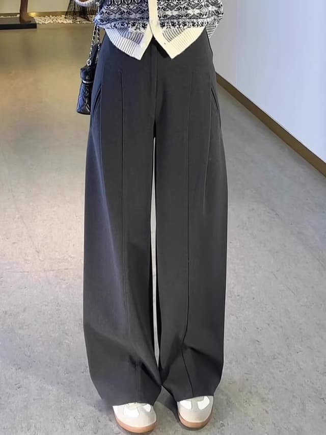 두꺼운 회색 모직 와이드 레깅스 바지 가을 겨울 루즈핏 슬림해 보이는 디자인 센스 주름 스트레이트 정장 바지