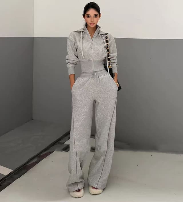 자이언트 잘 생긴 투피스 세트 한 부서 캐주얼 세트 블랙 기술 당겨서 플러시 보온 수 있습니다. 철거 후드 스탠드 칼라 후드티 긴 바지