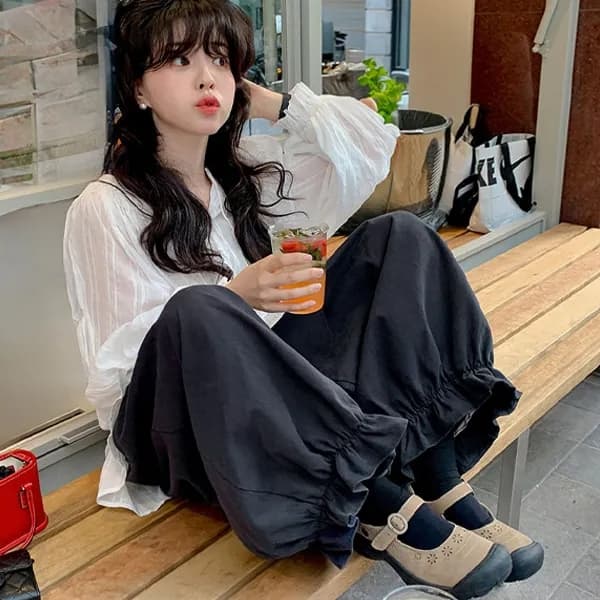 chic 한 부서 봄 여름 섹션 달콤함 연령 감소 꽃밭 랜턴 와이드 레그 팬츠 하이웨이스트 루즈핏 다용도 캐주얼 바지