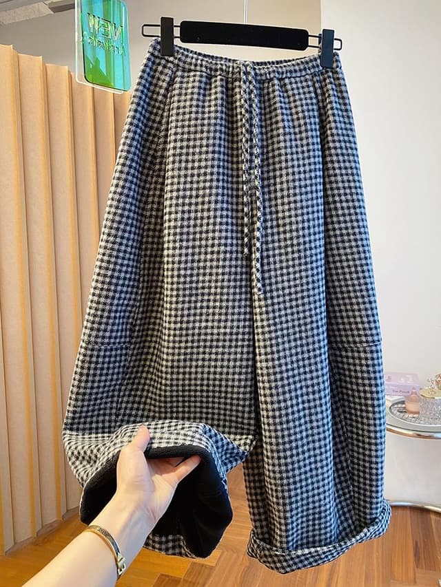 고급 센스 털이 있고 두꺼운 체크무늬 와이드 레깅스 바지 2025 새로운 루즈핏 캐주얼 스트레이트 팬츠 다용도 8 점 바지 겨울