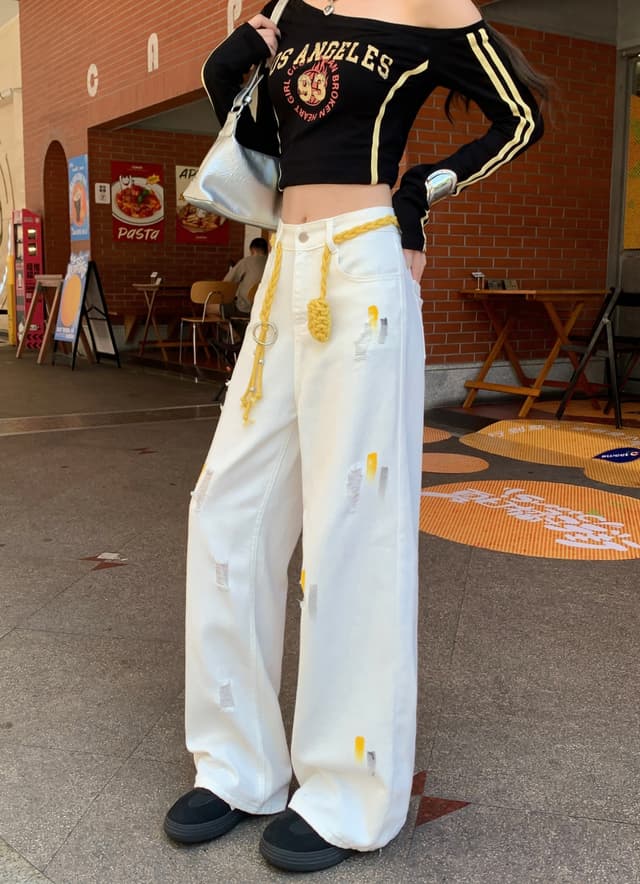 실사 정가 작은 대중 디자인 센스 페인팅 찢어진 부분 청바지 하이웨이스트 슬림해 보이는 루즈핏 스트레이트 넓은 다리 바닥 청소 바지