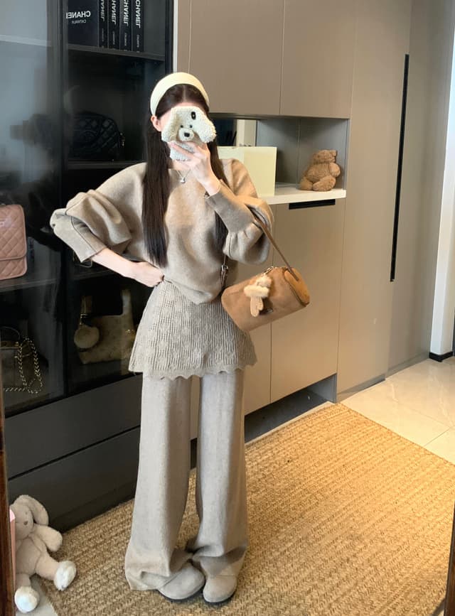 실사 정가 느긋한 바람 배트윙 소매 니트 스웨터 방귀 커튼 바지 두 조각 여성 세트