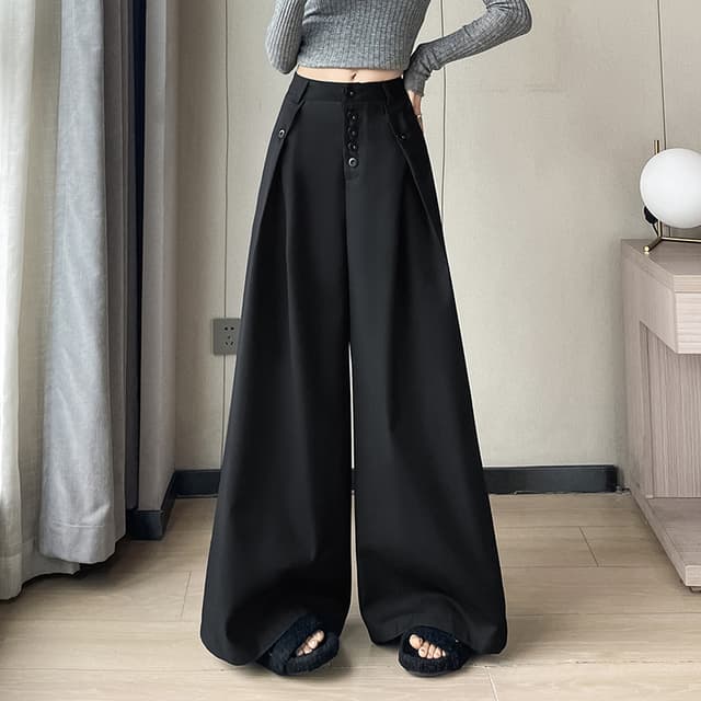 고급 센스 검정색 단추 정장 와이드 레깅스 바지 봄 가을 디자인 센스 하이웨이스트 루즈핏 캐주얼 슬림해 보이는 바닥 청소 바지