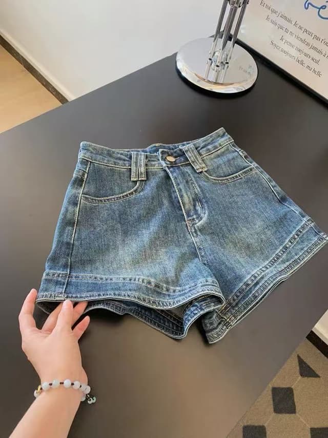 새로운 레트로 파란색 데님 반바지 여성 작은 키 한 마디 슬림해 보이는 바지 핫 바지 핫걸 여름 얇은 스타일 ins