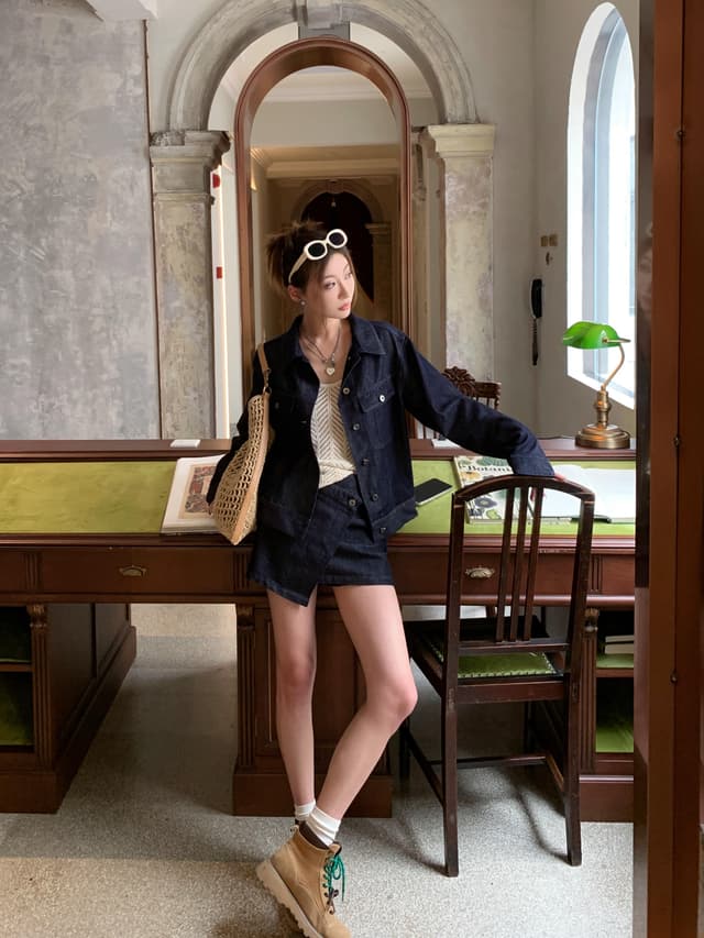 맨해튼 단 닝 어두운 색 데님 맨위 반신 치마바지 세트