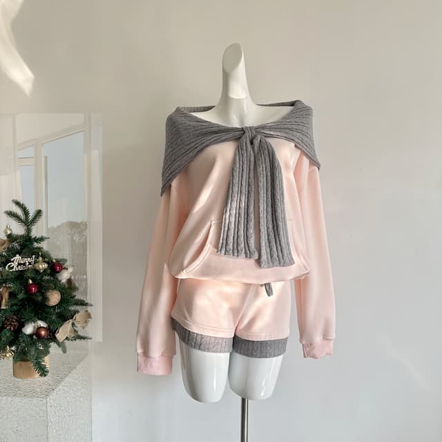 달콤한 배 지루한 체재 안개 항구 달콤한 챕터 디자인 센스 배색 오프숄더 후드 루즈핏 후드티 반바지 세트