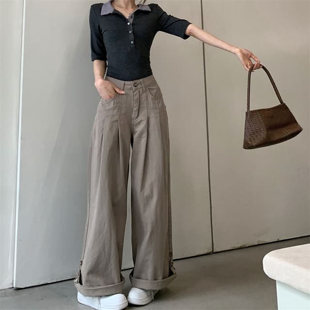 2026 실사 새로운 접기 측면 넓은 다리 순면 청바지 여성 캐주얼 플리츠 루즈핏 스트레이트 팬츠 긴 바지