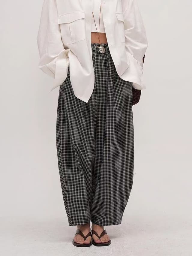2026 봄 가을 레트로 문예 팬 클래식 체크무늬 루즈핏 다용도 외국 가스 하렘 바지 9 포인트 풍선 도서관 모통이 칼 바지