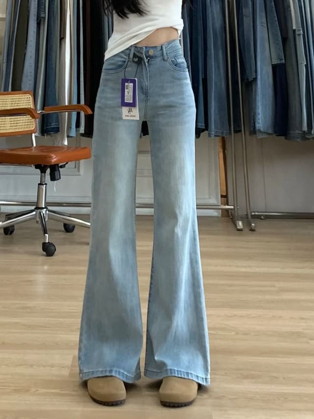 작은 키 하늘색 부츠컷 청바지 여성 여름 하이웨이스트 루즈핏 슬림해 보이는 바닥 청소 나팔 바지