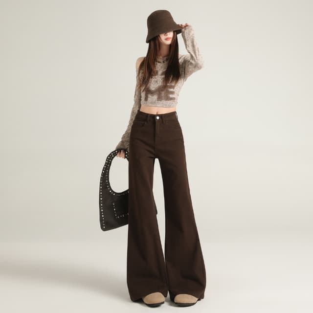 커피 색상 털이 있는 부츠컷 청바지 여성 가을 겨울 새로운 레트로 슬림해 보이는 하이웨이스트 아니요 막대기 다리 루즈핏 나팔 호스 슈 바지