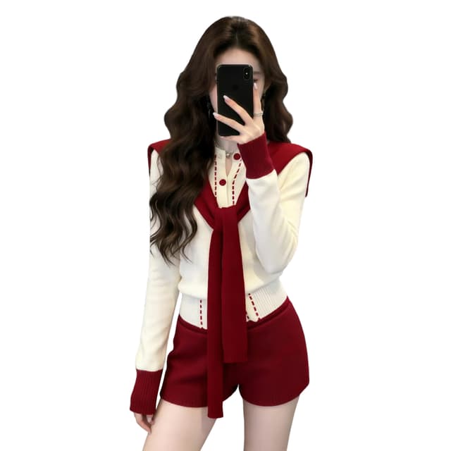 새해 신년 로브 스웨터 반바지 세트 여성 가을 겨울 2026 새로운 자이언트 잘 생긴 빨간색 색상 시스템 착용 가져 가라. 전체 집합