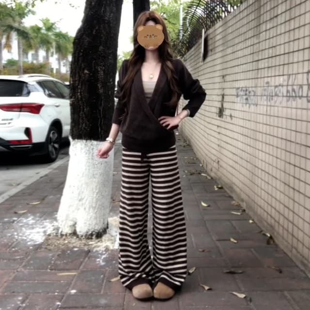 한 부서 레트로 느슨함 센스 품격 캐주얼 세트 여성 2026 봄 새로운 루즈핏 느긋한 스웨터 스트라이프 긴 바지