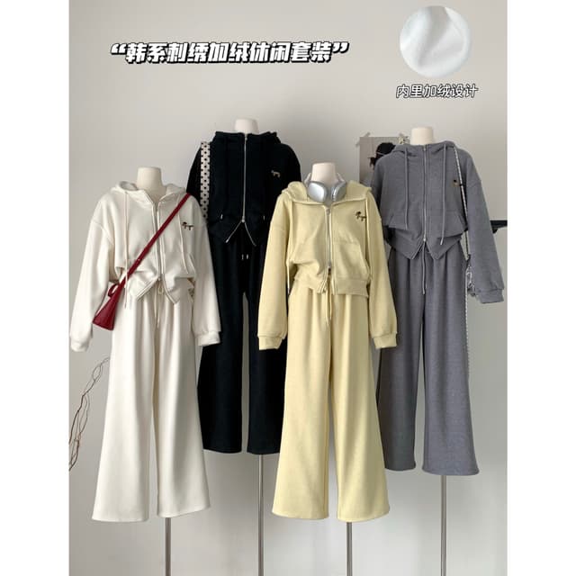 사랑 악마 물고기 털이 있는 스포츠 슈트 여성 2025 겨울 새로운 후드 티 스웨터 넓은 다리 길이 바지 투피스 세트