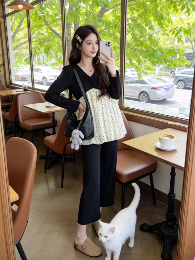 실사 새로운 봄 드레스 2026 새로운 패션 도트 무늬 프릴 맨위 바지 투피스 세트 빅 사이즈 지방 mm 여성