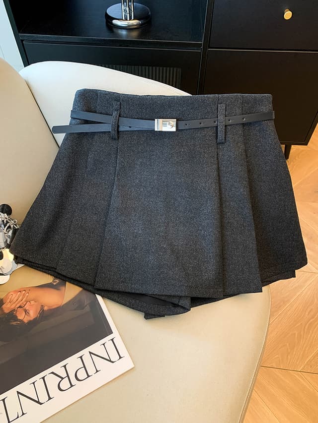 실사 가을 겨울 새로운 벨트 포함 패션 모직 반바지 여성 하이웨이스트 슬림해 보이는 플리츠 스커트 미니 스커트 한 마디 치마바지