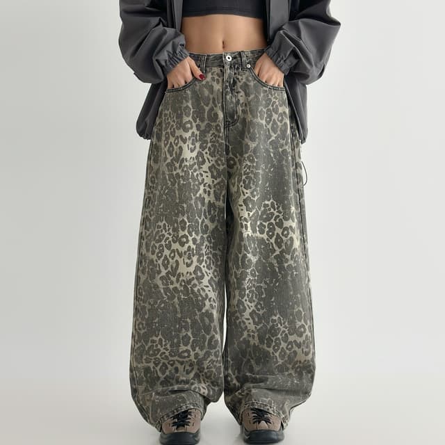 한국 여성 단체 레트로 레오파드 무늬 캐주얼 바지 남자 여자 악당 잘 생긴 튀김 거리 하이웨이스트 와이드 레그 팬츠 스트레이트 루즈핏 긴 바지