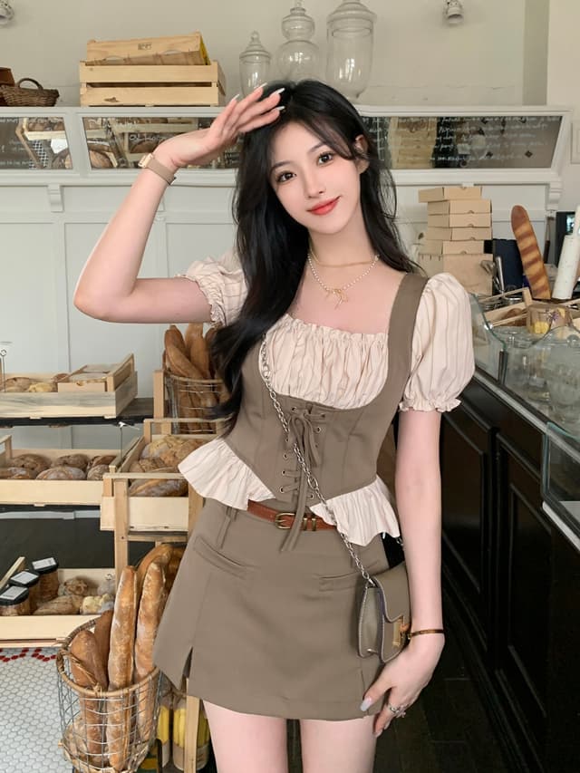 특별 가격 아니요 돌아 가기 실사 3000 조각 빅 사이즈 여성 의류 페이크 레이어드 광장 칼라 슬림해 보이는 셔츠 반신 치마바지 세트