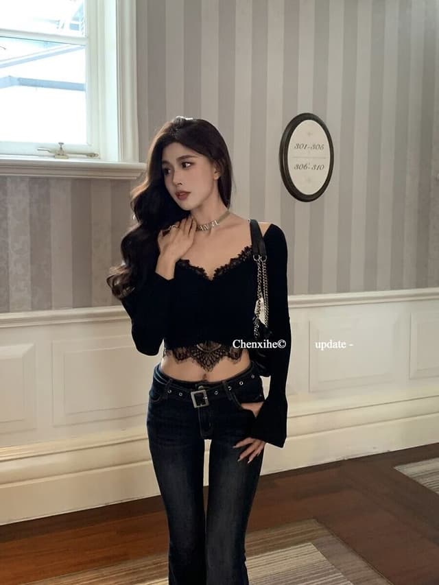 그는 아침 7.28 20 00 떨어지다 부드러운 흑인과 백인 두 색상 긴 소매 레이스 스티치 바지를 입는 셔츠