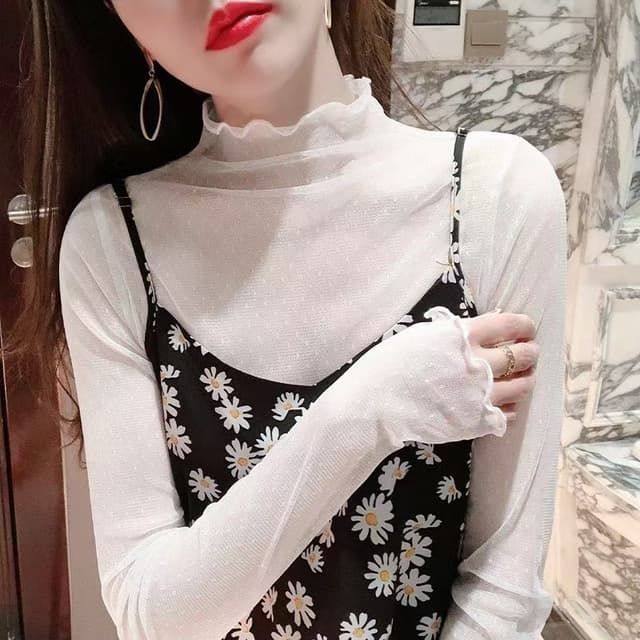 하프 하이 칼라 블랙 메쉬 바지를 입는 셔츠 여자 가을과 겨울 외국 가스 Tulle 의류 스웨터 인사이드 가져 가라. 작은 셔츠 하이 엔드 레이스 맨위