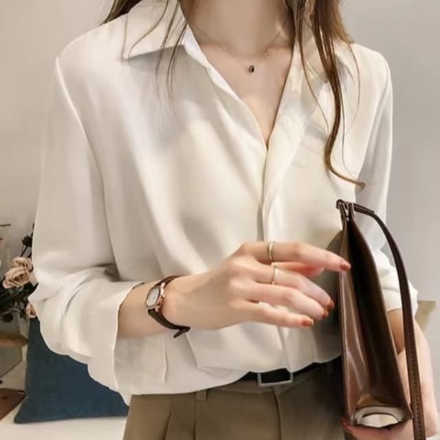 봄과 가을 옷 새로운 한국어 버전 기질 단색 셔츠 여성 긴 소매 맨위 단순한 ol 쉬폰 셔츠 바지를 입는 셔츠