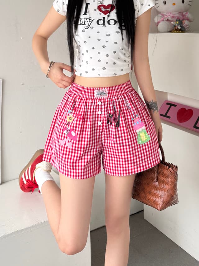 실사 여름 도파민 귀여운 어린애 같은 프린트 체크무늬 스트레이트 반바지 여성 해변 루즈핏 캐주얼 3 점 핫 바지