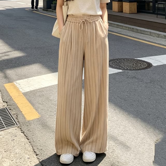 실사 여름 새로운 부드러운 찹쌀 느긋한 스트라이프 찹쌀 바지 와이드 레깅스 바지 루즈핏 슬림해 보이는 캐주얼 스트레이트 바닥 청소 바지
